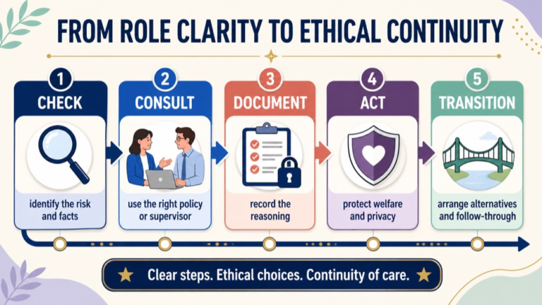 Professional boundaries infographic showing the path from role clarity and ethical review to consultation, documentation, and continuity of care