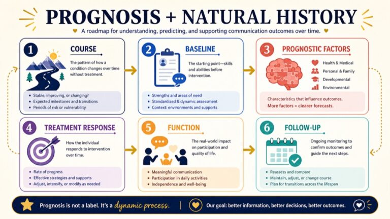 Prognosis and natural history of communication disorders map connecting course, baseline, prognostic factors, response, function, and follow-up