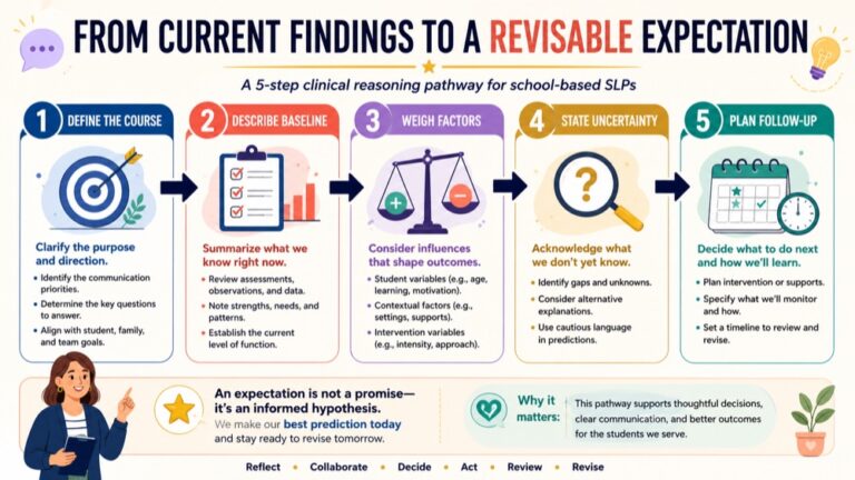Prognosis and natural history of communication disorders infographic showing the path from current findings to a revisable expectation