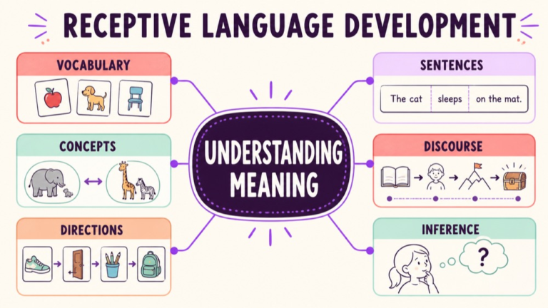 Receptive language development map connecting vocabulary, sentences, concepts, discourse, inference, and access