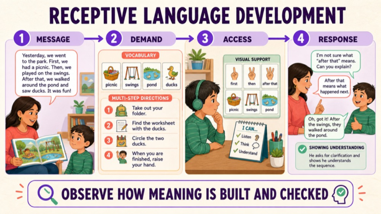 Receptive language observation map showing message, task demand, access support, response, and comprehension monitoring