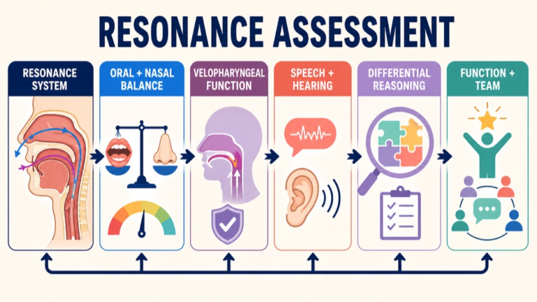 Resonance assessment map connecting resonance system, oral and nasal balance, velopharyngeal function, speech sample, differential reasoning, and team care