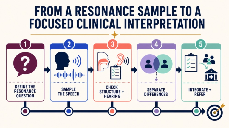 Resonance assessment infographic showing the path from a speech sample to a focused clinical interpretation