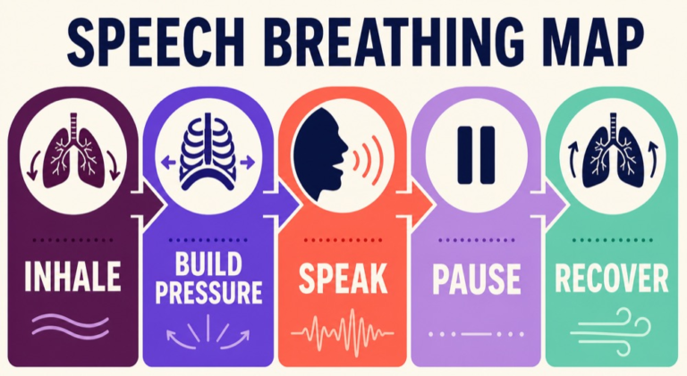 Speech breathing cycle infographic connecting inspiration, controlled exhalation, phonation, phrase planning, and pause