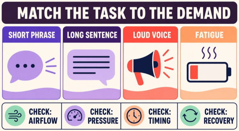 Respiratory support context map comparing sustained vowel, reading, conversation, fatigue, posture, and phrase demand