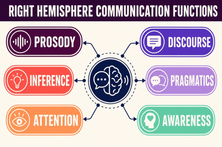 Right hemisphere communication map connecting prosody, discourse, inference, pragmatics, attention, and awareness