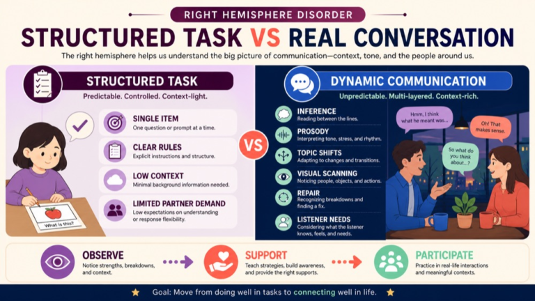 Right hemisphere disorder reasoning infographic comparing structured performance with dynamic conversation, partner cues, and participation