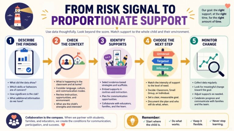 Risk factors for communication disorders infographic showing the path from a risk signal to proportionate support and monitoring