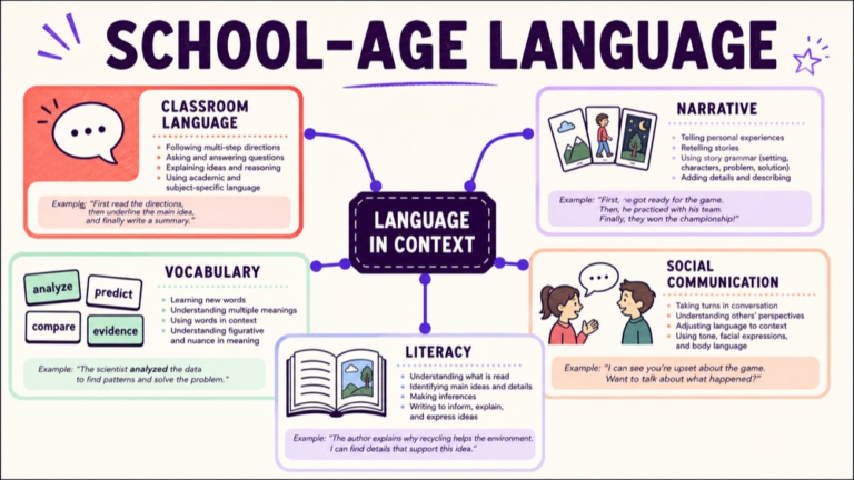 School-age language development map connecting classroom language, narrative, vocabulary, social communication, and literacy