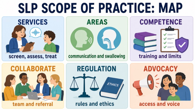 SLP scope of practice map connecting service delivery, practice areas, competence, collaboration, regulation, and advocacy