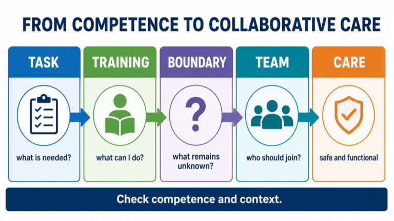 Scope of practice reasoning infographic comparing task, competence, collaboration, referral, ethics, and functional care