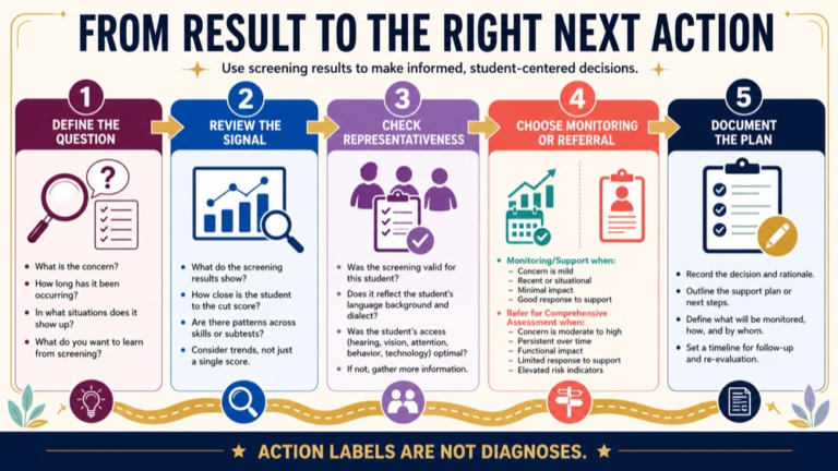 Screening decision rules infographic showing the path from a screening result to monitoring, referral, or comprehensive assessment