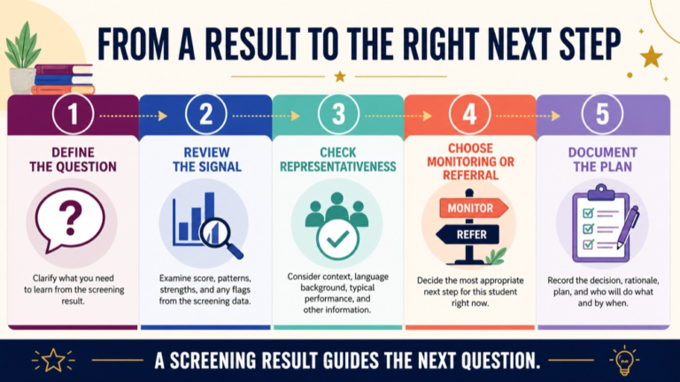 Screening outcomes and referral infographic showing the path from a screening result to monitoring, support, or comprehensive assessment
