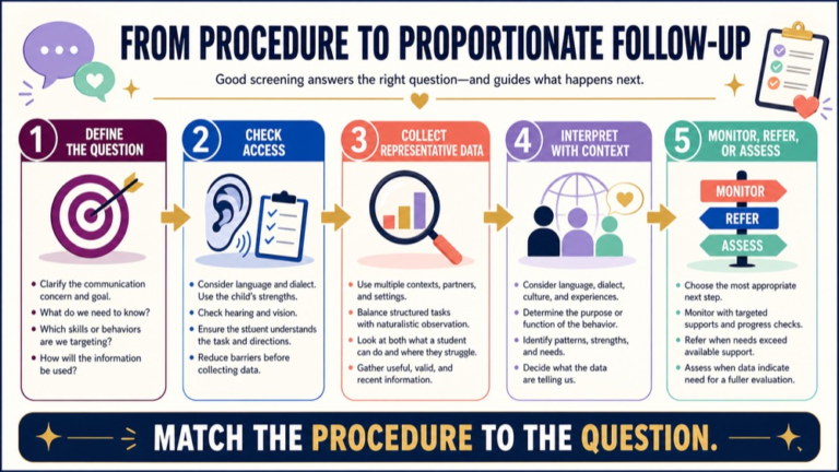 Screening procedures in speech-language pathology infographic showing the path from a screening procedure to monitoring, referral, or assessment