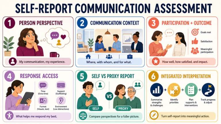 Self-report communication assessment map connecting person perspective, context, participation, access, comparison, and planning