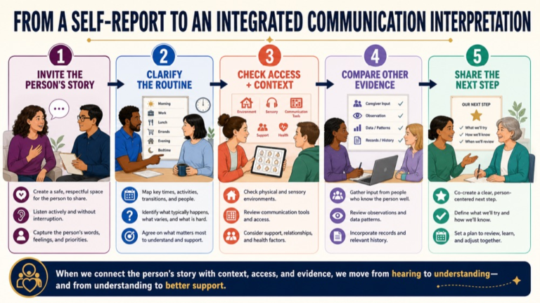 Self-report communication assessment infographic showing the path from a person's experience to an integrated clinical interpretation
