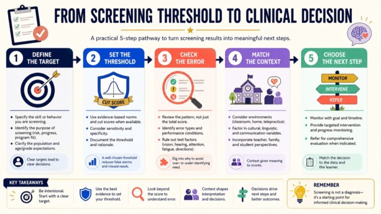 Sensitivity and specificity in assessment infographic showing the path from a screening threshold to a proportionate clinical decision