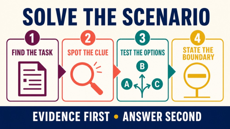 Four-step review diagram for solving original SLP clinical practice questions