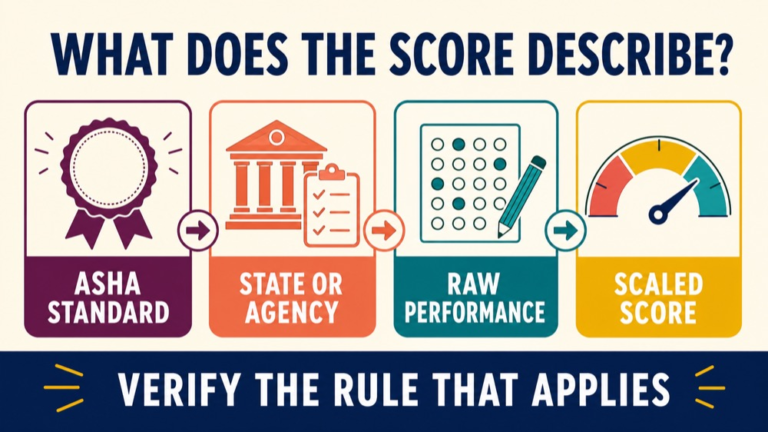 Diagram separating ASHA certification standard, state requirements, raw performance, and scaled score