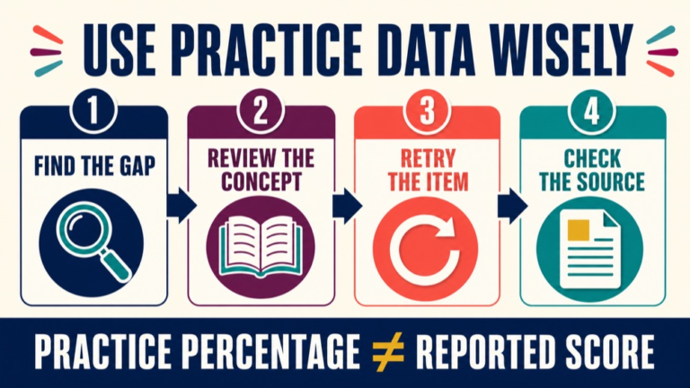 Study dashboard showing how to interpret practice-test percentages without converting them to an official score