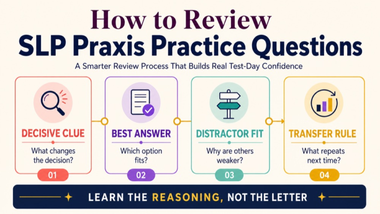 Original SLP practice question review across assessment, motor speech, dysphagia, and treatment