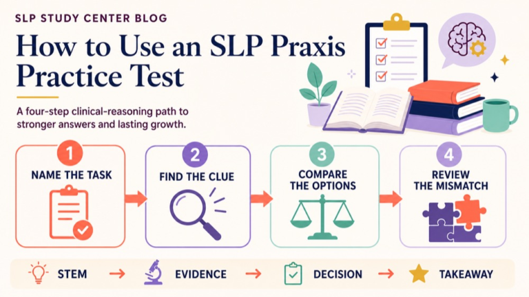 SLP Praxis practice test decision framework for reading clinical stems