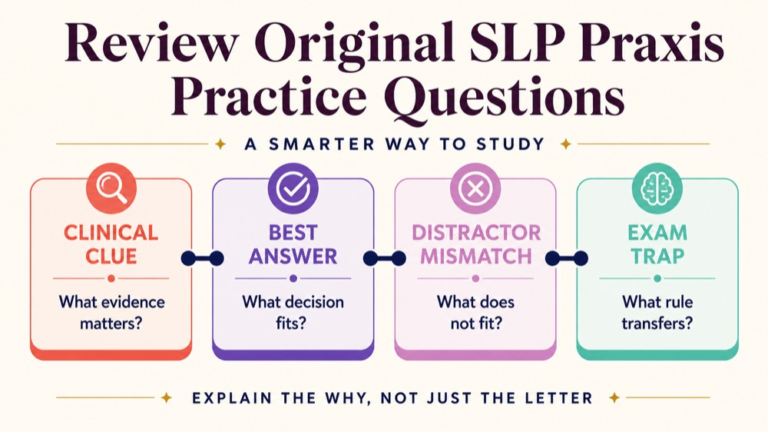 Original SLP Praxis practice questions with evidence and rationale review