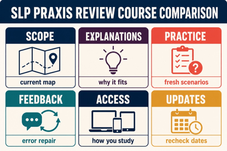 Comparison matrix for review-course coverage, explanations, practice, feedback, access, and updates