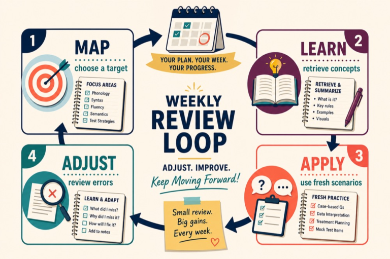Weekly review loop showing baseline, focused study, mixed practice, and adjustment