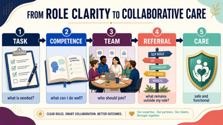 SLP role clarity infographic comparing task, competence, collaboration, referral, documentation, and functional care