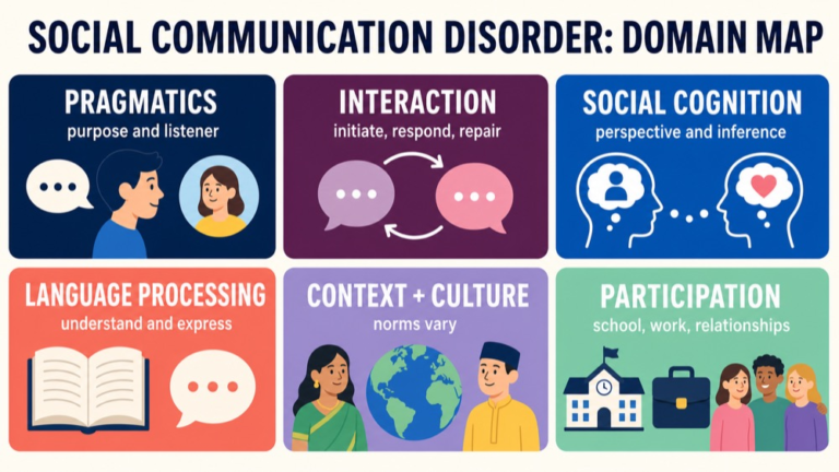 Social communication disorder map connecting pragmatics, interaction, social cognition, language processing, culture, and participation