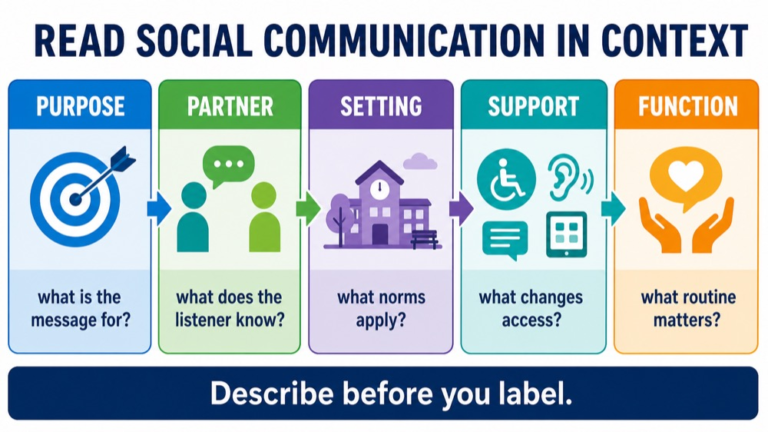 Social communication reasoning infographic comparing purpose, partner, setting, implicit meaning, repair, and participation