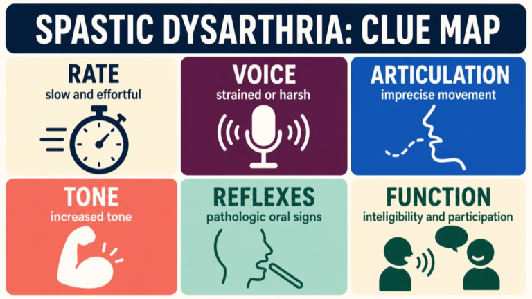 Spastic dysarthria study map connecting slow rate, strained voice, pitch breaks, tone, reflexes, speech subsystems, and function