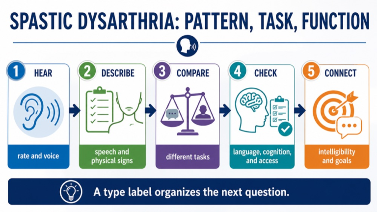 Spastic dysarthria reasoning infographic comparing perceptual features, physical findings, task context, differential questions, and participation