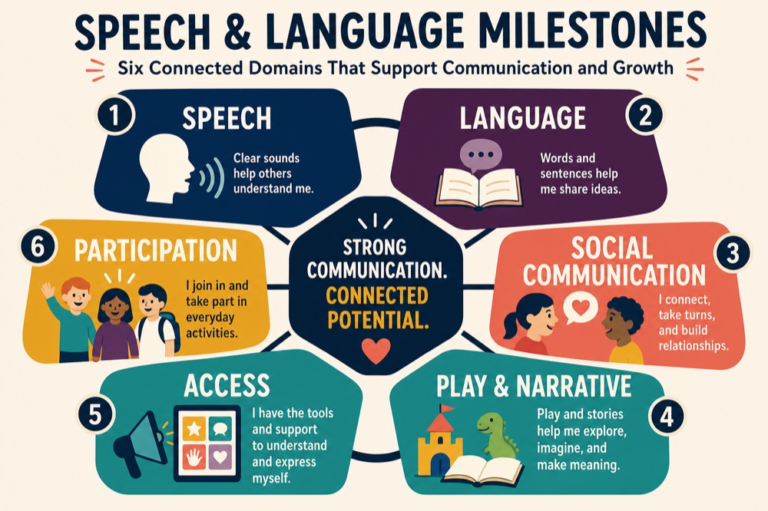 Clinical map separating speech, language, social communication, play, hearing access, and participation