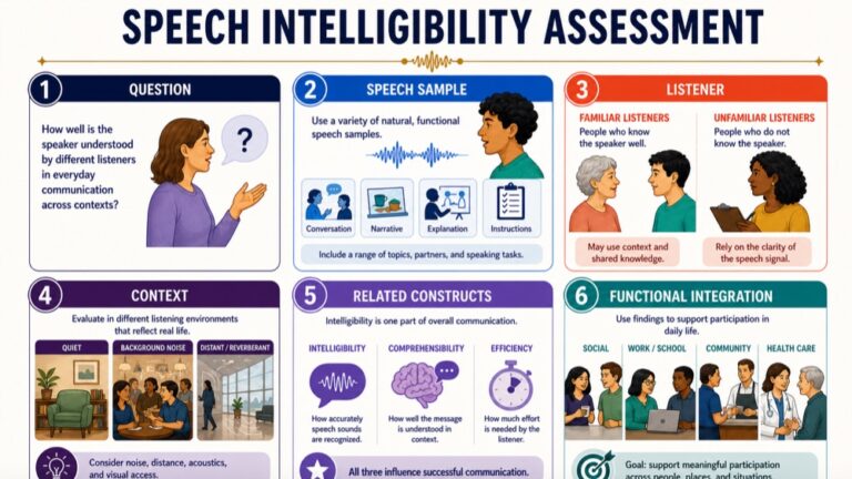Speech intelligibility assessment map connecting question, speech sample, listener, context, related constructs, and integration