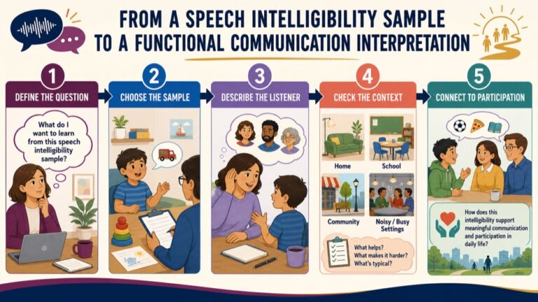 Speech intelligibility assessment infographic showing the path from a speech sample to a functional interpretation