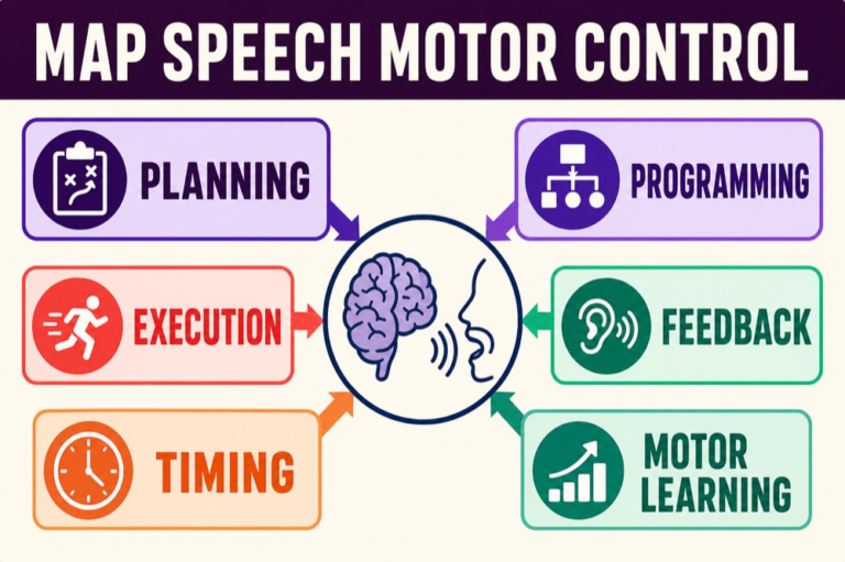 Speech motor control map connecting planning, programming, execution, feedback, timing, and motor learning