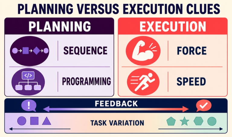 Speech motor reasoning infographic comparing planning, programming, execution, feedback, and task variability