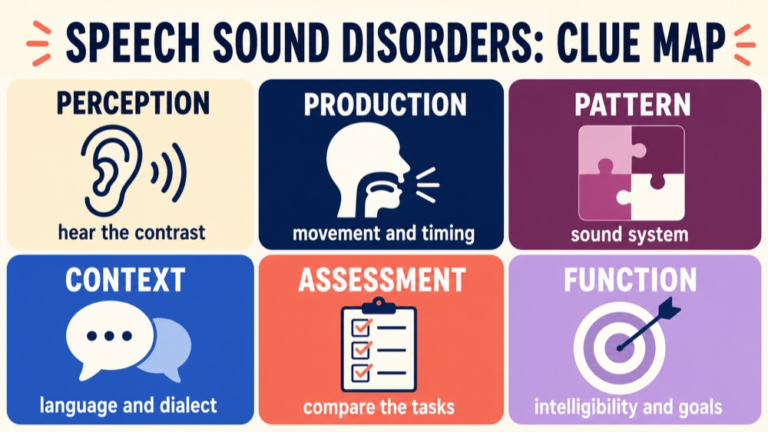 Speech sound disorder map connecting perception, motor production, phonological representation, context, assessment, and function