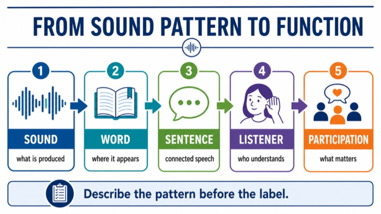 Speech sound reasoning infographic comparing single words, connected speech, language context, listener access, and participation