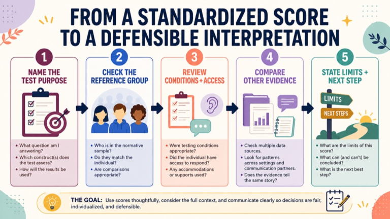 Standardized assessment in speech-language pathology infographic showing the path from a score to a defensible interpretation