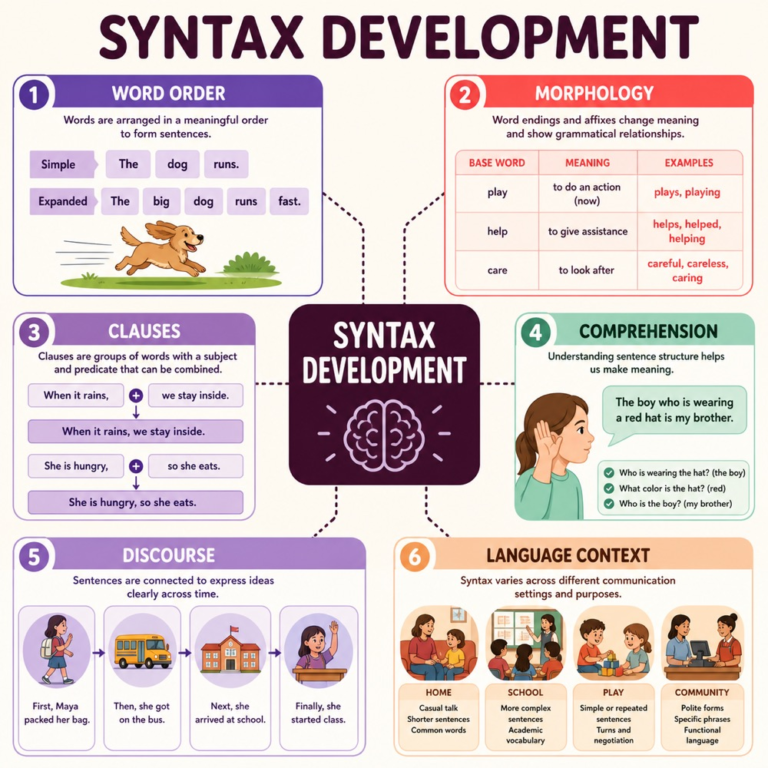 Syntax development map connecting word order, morphology, clauses, comprehension, discourse, and language context