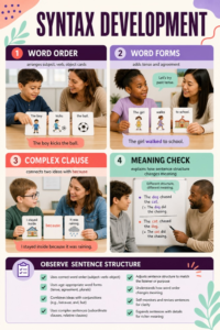 Syntax development context map comparing sentence demand, processing time, partner support, and message purpose