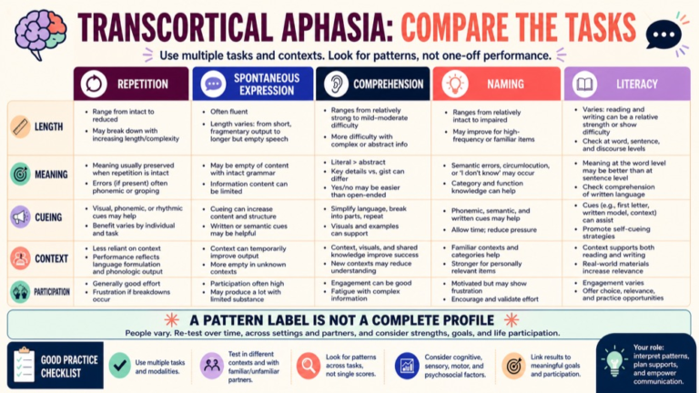 Transcortical aphasia study map connecting repetition, expression, comprehension, naming, subtype reasoning, and participation