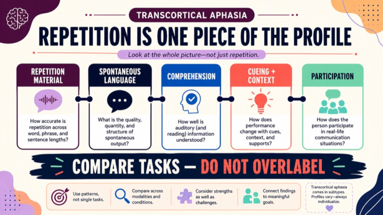 Transcortical aphasia reasoning infographic comparing repeated language with self-generated speech, cueing, context, and function