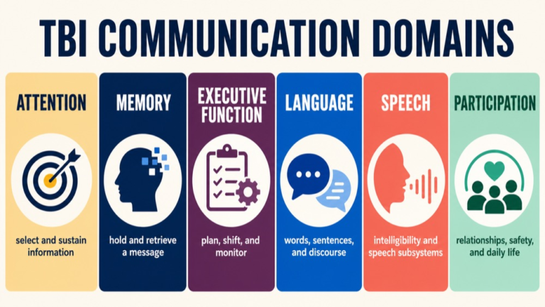 Traumatic brain injury communication map connecting attention, memory, executive function, language, speech, social communication, and participation