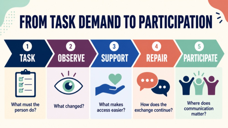 Traumatic brain injury communication infographic connecting task demand, observable behavior, support, repair, and participation