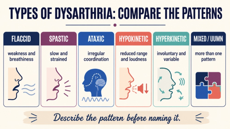 Types of dysarthria comparison map showing flaccid, spastic, ataxic, hypokinetic, hyperkinetic, UUMN, mixed, and undetermined patterns