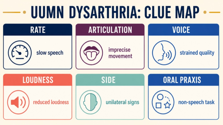 Unilateral upper motor neuron dysarthria study map connecting slow rate, imprecise articulation, strained voice, reduced loudness, unilateral weakness, and oral praxis